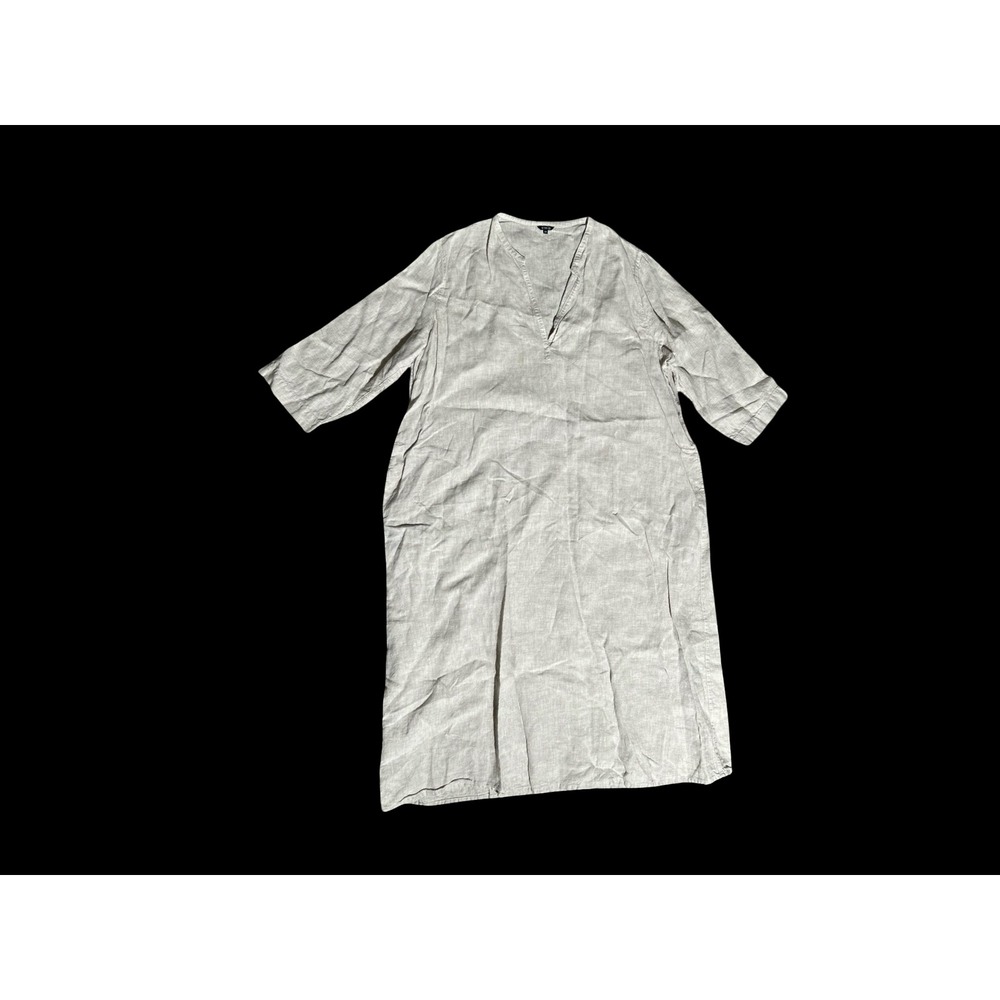 VIVID Women's 2X Beige Linen Blend Tunic Dress 3/4 Sleeve Casual Midi Plus